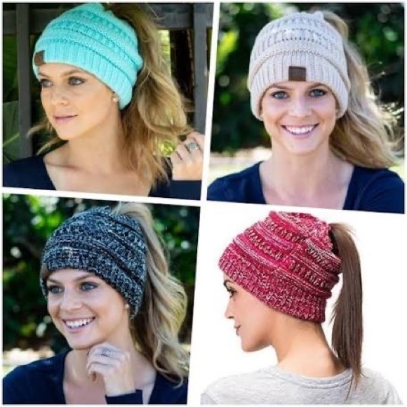 C.C BeanieTail Soft Stretch Cable Knit Ponytail Beanie Hat, cream - Picture 6 of 6